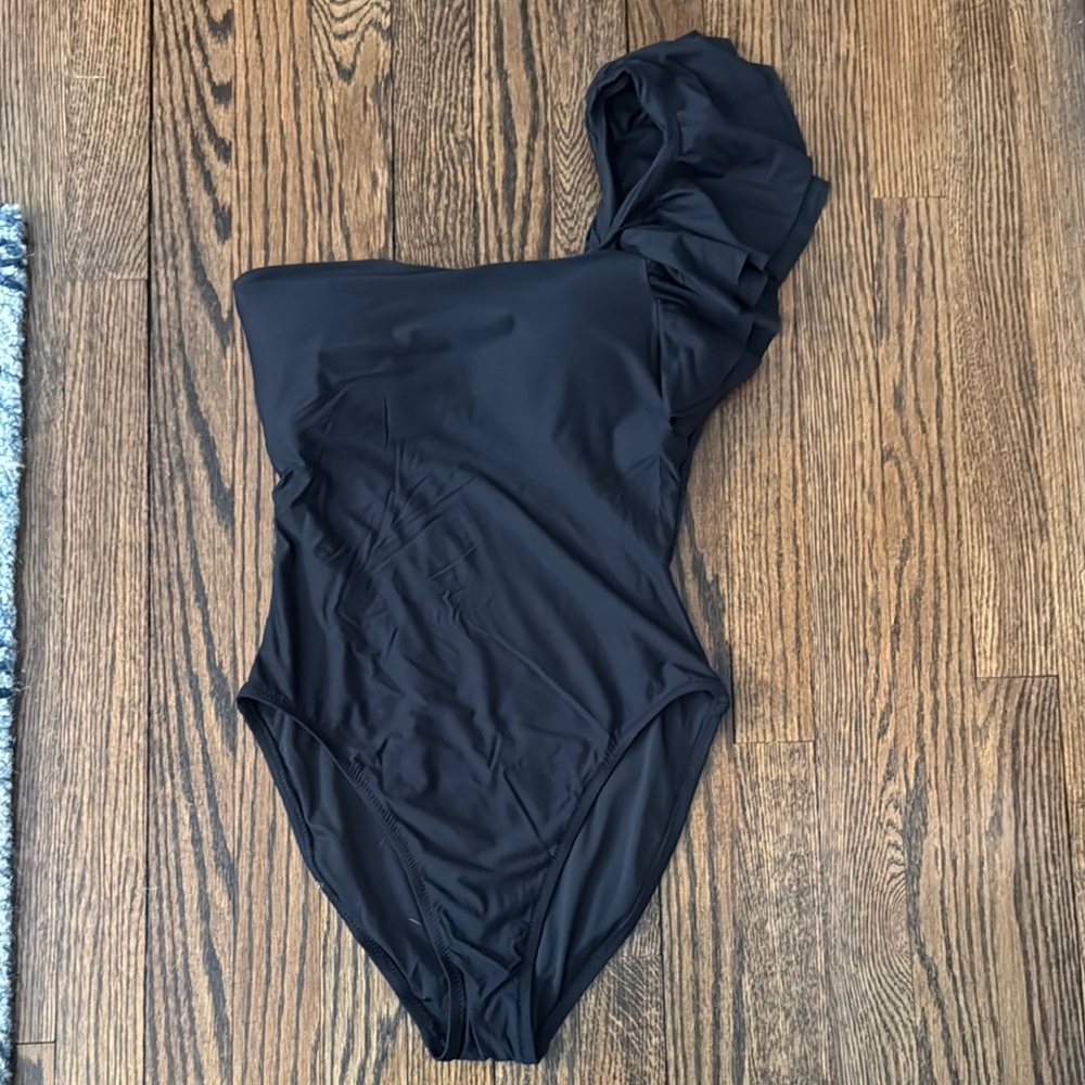 J. Crew Black Ruffle One-Shoulder Swimsuit